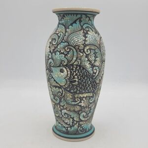 Thai Celadon Vase Baan Celadon Chiang Mai Hand Thrown Fish Motif 1988 Vintage